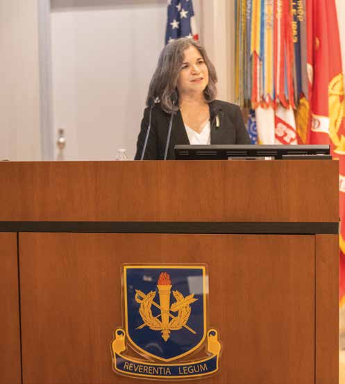 LTG (R) Flora D. Darpino provided the Second Annual Kenneth Gray & Phyllis Propp-Fowle Lecture to the 71st Graduate Course in April 2023. (Credit: Billie Suttles, TJAGLCS)
